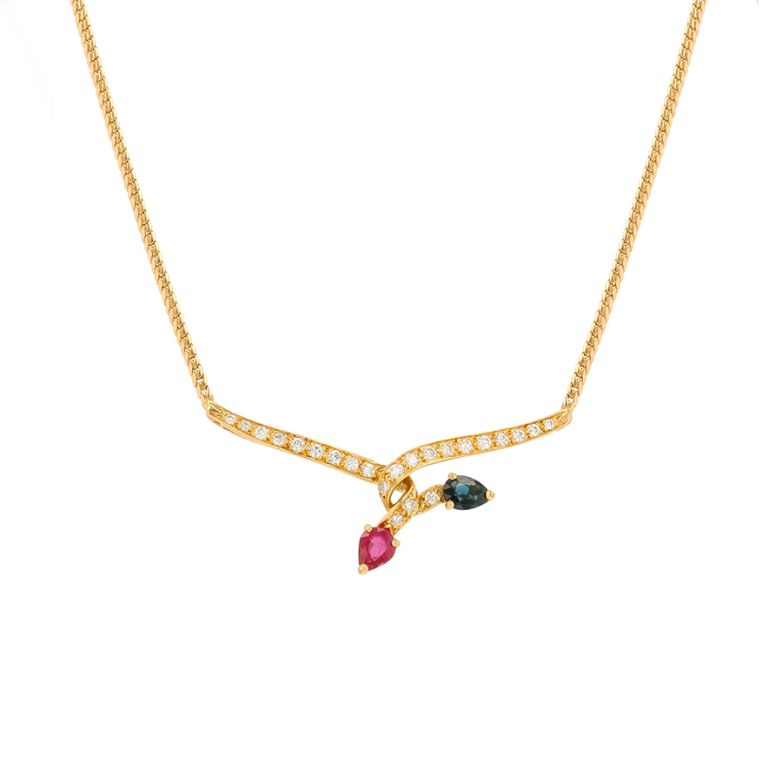 Collier rubis, saphir et diamants or jaune 7.90g Comme neuf -  reconditionné disponible sur Gemme Les Bijoux